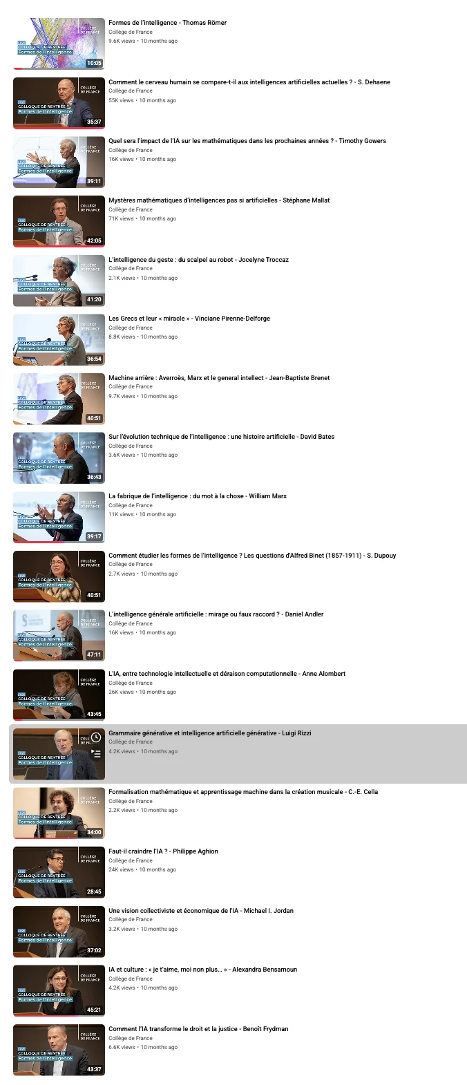 Playlist vidéo du colloque avec notamment Stanislas Dehaene, Timothy Gowers, Stéphane Mallat, Philippe Aghion, Anne Alombert et Michael I. Jordan